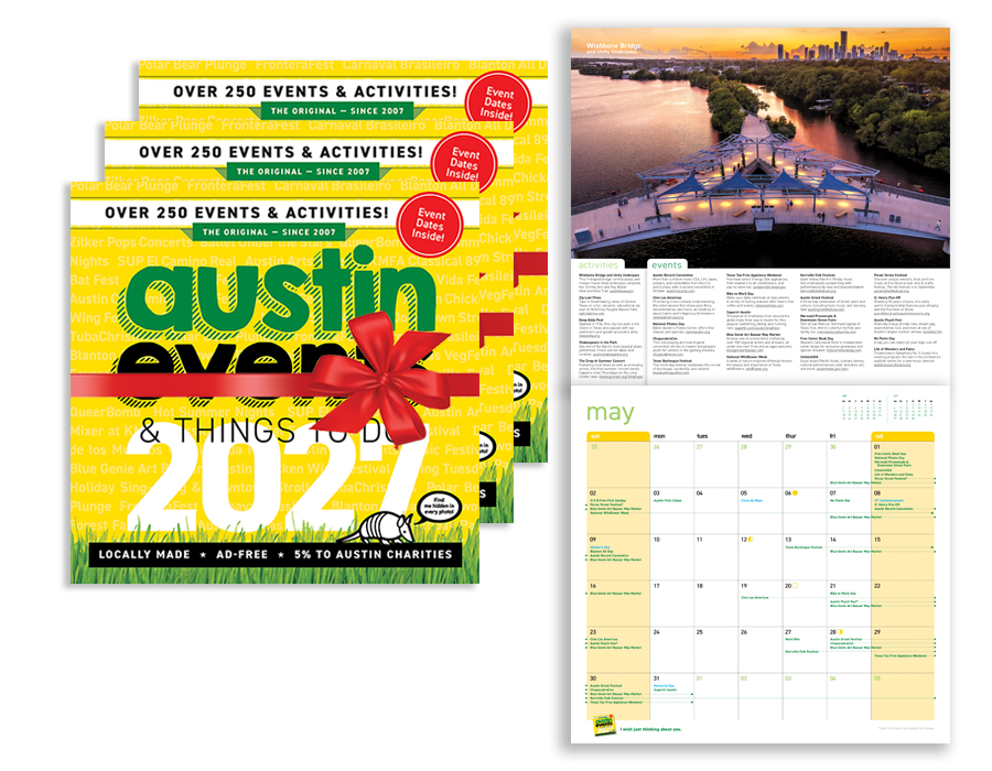 Austin Events 2027 wall calendars with a gift bow, next to an open calendar showing the Wishbone Bridge and the May page